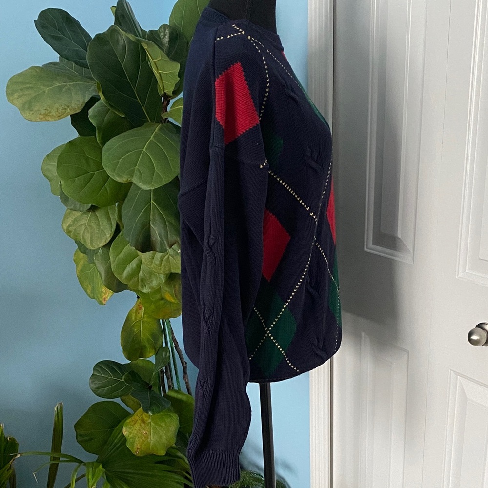 Woods & Gray Large Argyle Navy Knit Textured Sweater with Red And Green Detail - Picture 4 of 6
